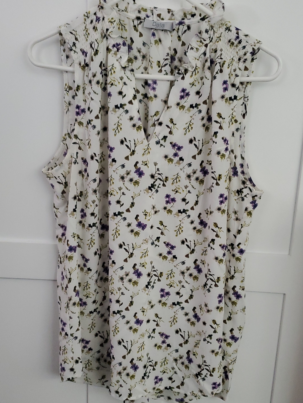 Dalia White Sleeveless Floral Camisole with Purple and Olive Print